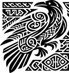 Obraz premium raven, crow, bird, animal silhouette in ethnic tribal tattoo,