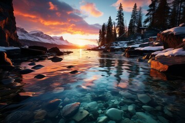 Water reflecting sunset surrounded by rocks and trees in natural landscape