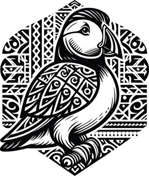 recommend clip art: puffin bird, animal silhouette in ethnic tribal tattoo,
                    
                    