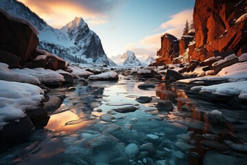 Fototapeta na wymiar A river flows through a snowy mountain landscape under a cloudy sky