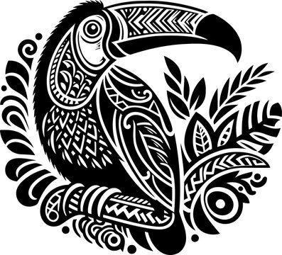 taucan bird, animal silhouette in ethnic tribal tattoo,

