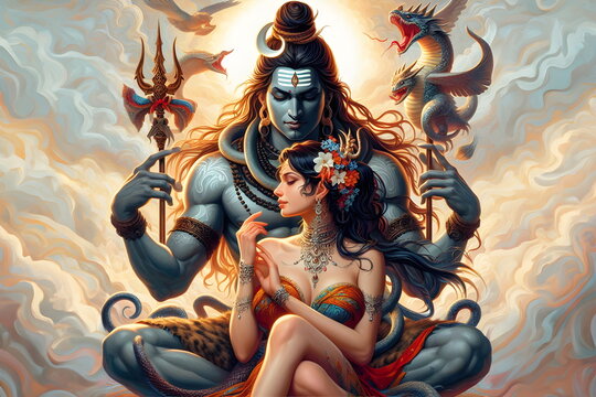 a woman with a head of a demon and a man with a snake, lord shiva