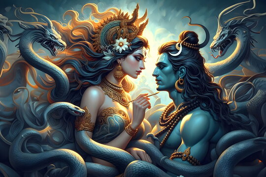 a woman with a head of a demon and a man with a snake, lord shiva