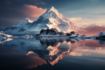 Fototapeta na wymiar Snowy mountain reflects in lake, creating a stunning natural landscape
