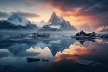Fototapeten Mountains mirrored in water at sunset create a stunning natural landscape © JackDong