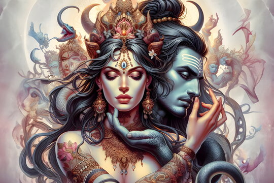 a woman with a head of a demon and a man with a snake, lord shiva