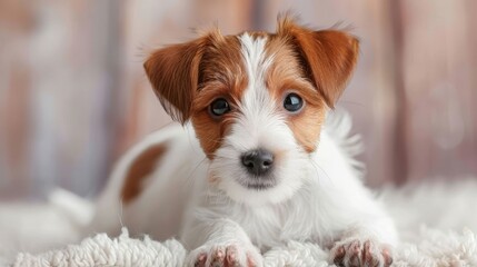 Curious puppy peeking over white wood, adorable pet on blurred background with copy space