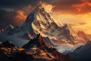 Snowcovered mountain at sunset with cloudy sky in the background