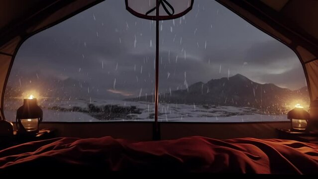 Pitching a tent in the mountains at night and listening to the rain fall. The lantern in your tent glows softly as you watch the rain fall on the mountain landscape from the cozy comfort of tent.