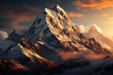 Snowcovered mountain peak under sunset sky with clouds
