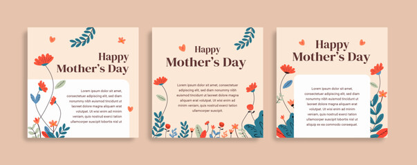 Happy Mother's Day Social Media Post Layout Set with Flower Ornament
