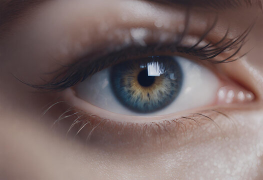 Detalhes de um olho azul de uma modelo feminina.