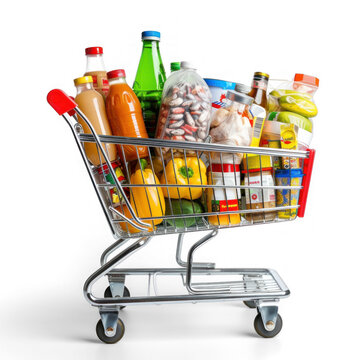 supermarket shopping cart full of groceries on transparency background PNG
