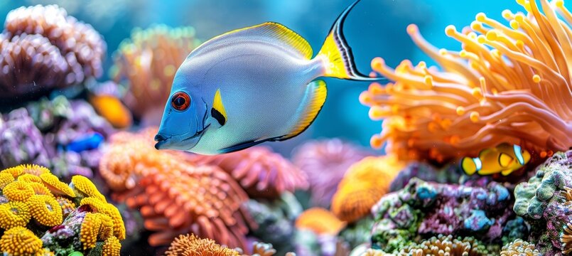 Vibrant moorish idol fish swimming among colorful corals in a saltwater aquarium environment