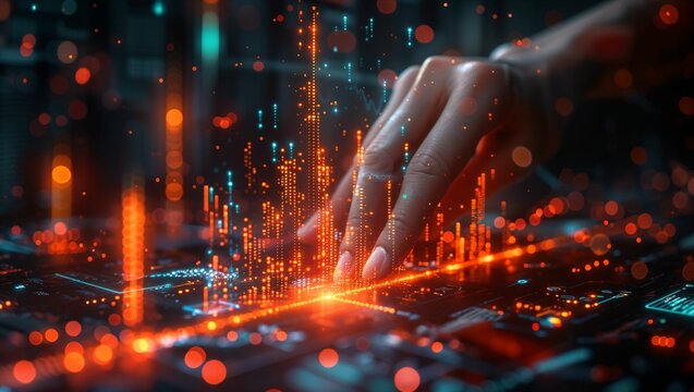 Growth hacking workshop, innovative marketers around a holographic growth chart, creativity meets data - Powered by Adobe