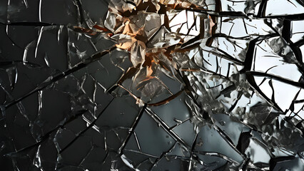 Broken glass on black background, Broken glass texture, broken window glass with a hole from gun shot. Street violence. Broken windows theory. Visible signs of crime, glass crack damage texture art