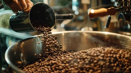 Rolgordijnen A artisanal coffee roastery with baristas carefully roasting and blending coffee beans photography, close up of an machine, people in a cafe, close up of beans, coffee beans in a hand, cooking meat on © Yasir