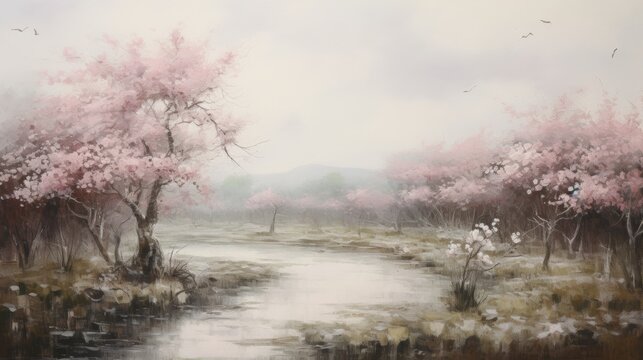 an oil painting of a spring landscape, in the style of the 19th century