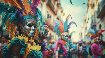 A energetic and colorful carnival parade with performers in elaborate costumes and masks, close up of a mask, close up of a traditional thai temple