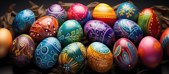 Fototapeta na wymiar A collection of vibrant Easter eggs rest inside a basket, showcasing an array of beautiful patterns. This creative art display is a perfect fashion accessory for the Easter event