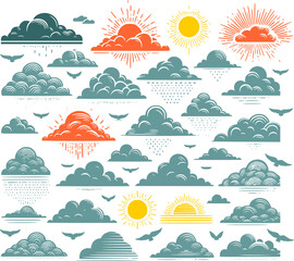 summer cloud illustration. Cheerful summer sun and clouds vector art, creating a warm and relaxing atmosphere, This design is perfect for creative projects, summer decorations or tropical themes.