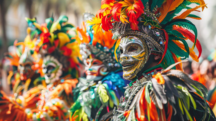 A energetic and colorful carnival parade with performers in elaborate costumes and masks, close up of a mask, close up of a traditional thai temple