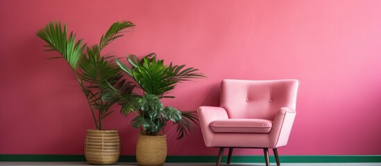 Fototapeta premium Interior design for living area with deep pink wall, armchair, plant, and tile floor with green and pink classic wall background.