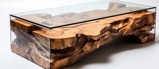 A rectangle coffee table featuring a tree stump base made of hardwood, with a glass top. The natural wood grain is enhanced with a wood stain