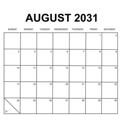 august 2031 calendar. week starts on   Sunday. printable, simple, and clean vector design isolated on white background.