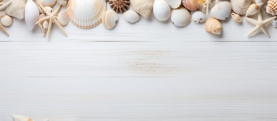 Arrangement of seashells in frame with isolated background. - obrazy, fototapety, plakaty