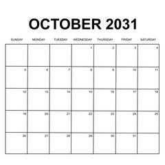 october 2031 calendar. week starts on   Sunday. printable, simple, and clean vector design isolated on white background.