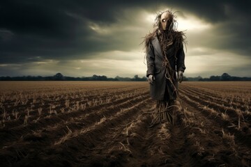 An empty field stretching out into the distance a solitary scarecrow standing vigilfuturistic sci fi Hi Tech international gothic - obrazy, fototapety, plakaty