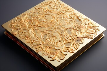 The intricate design of a vintage book cover adorned with intricate details and gold foil accentsStudio shot luxurious design elegant simplicity