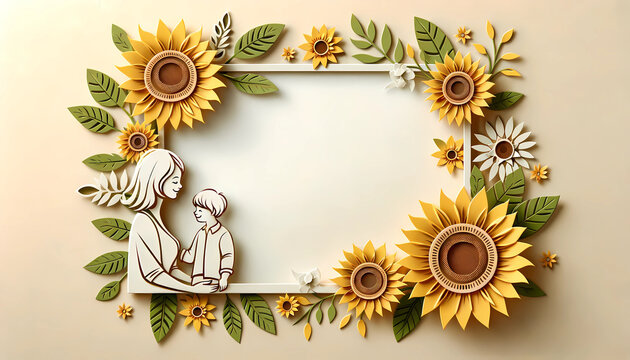 Mother's day paper cut art for mom and kid and a sunflower background with space for text 