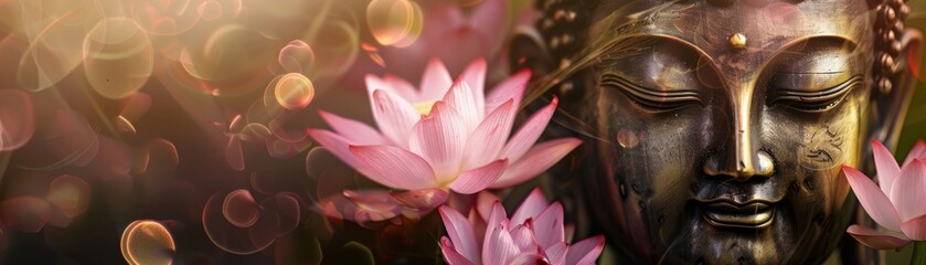 Buddha face adorned with a crown of lotus flowers a symbol of purity and majestic enlightenment - obrazy, fototapety, plakaty