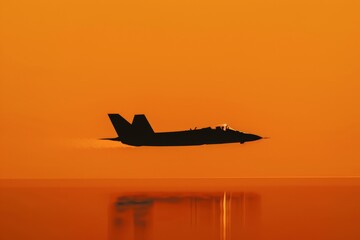 A fighter plane soaring through a fiery sunset