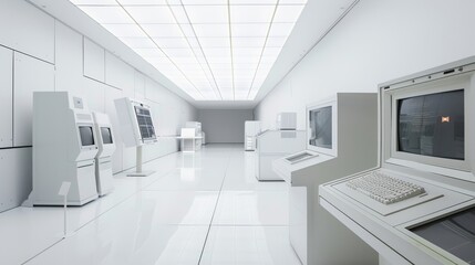 Fototapeta na wymiar White minimalist backdrop with a series of nostalgic desktops a timeline of technology