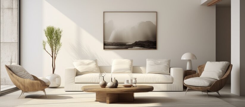 Modern interior with white sofa and coffee table for a coffee break, similar compositions showcased in portfolio.