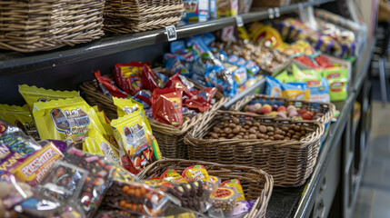 Bins and baskets overflowing with assorted treats from chocolate bars to chewy gummies tempting customers with a sweet tooth.