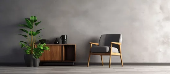 Photo sur Plexiglas Papier peint en béton Interior design for living area with grey carpet, armchair, plant, cabinet on wood floor and concrete background