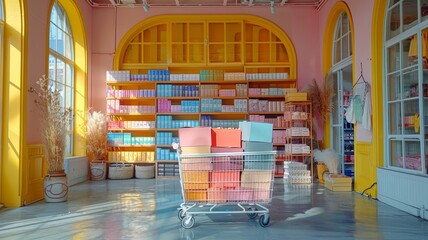 shopping cart with boxes of many colors