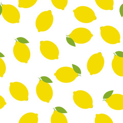 Yellow lemon fruits and green leaves isolated on white background. Seamless pattern. Background for paper, cover, fabric, textile, dishes, interior decor. Objects are randomly arranged. 