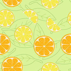 Round slices of lemon and orange on a  green background. Seamless pattern with editable stroke. Citrus fruits background for paper, cover, fabric, textile, dishes, interior decor. 
