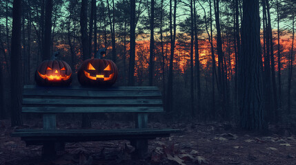 A spooky forest sunset with a haunted evil glowing eyes of Jack O' Lanterns on the left of a wooden bench on a scary halloween night. post card style - obrazy, fototapety, plakaty
