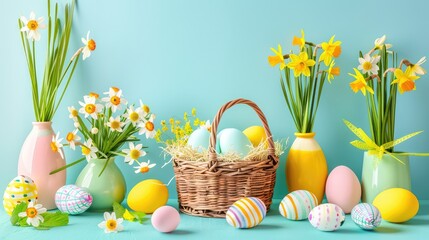 Easter Tradition Basket of Colorful Eggs and Daffodils on Table with Blue Wall