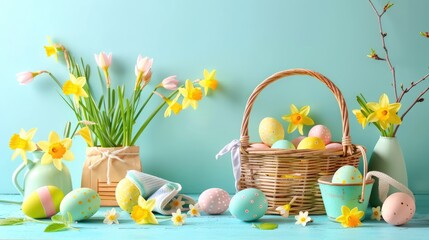 Happy Easter Scene Colorful Eggs and Daffodils in Basket on Table Against Blue Wall