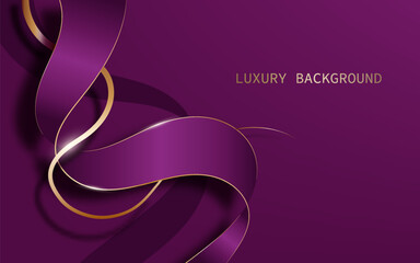 Luxury background with purple ribbon with shining golden lines, vector illustration