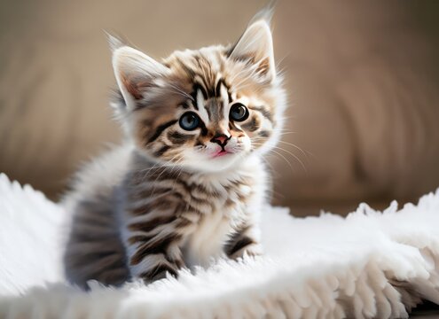 kitten cat sitting on a fluffy white blanket