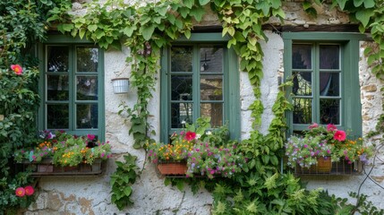 Fototapeta na wymiar A quaint countryside cottage adorned with climbing ivy and flower-filled window boxes exudes