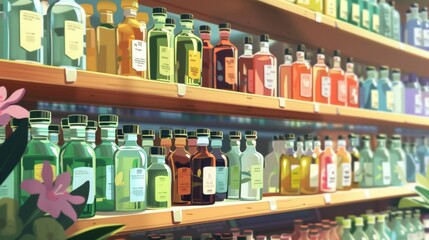 A closeup of a display of essential oils and aromatherapy products in the university bookstore with calming scents wafting from the bottles.